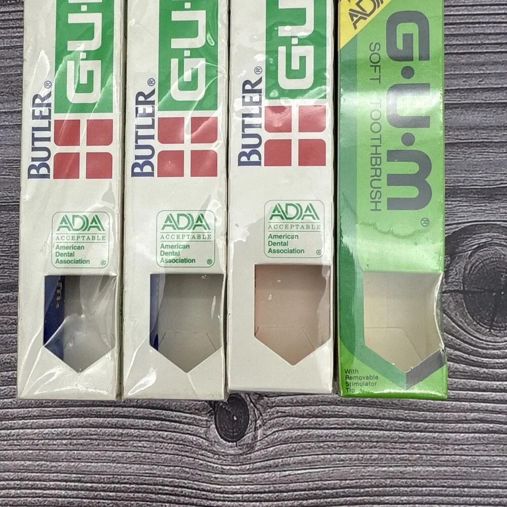 Lot 4 VTG Gum Butler 4-Row ADULT Full Size Head Toothbrush 411 Blue Yellow Red